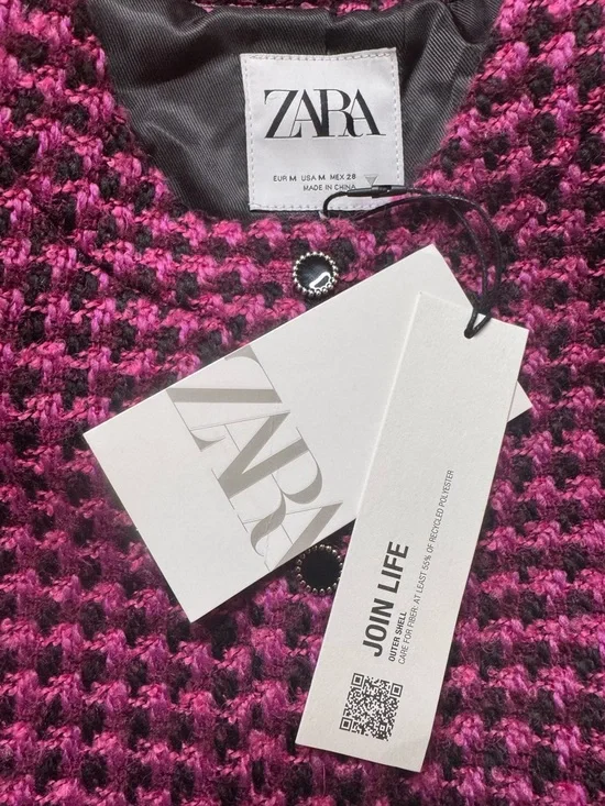 NWT ZARA Pink Houndstooth Cropped Fitted Tweed Jacket/ Blazer. Size M - Picture 13 of 14